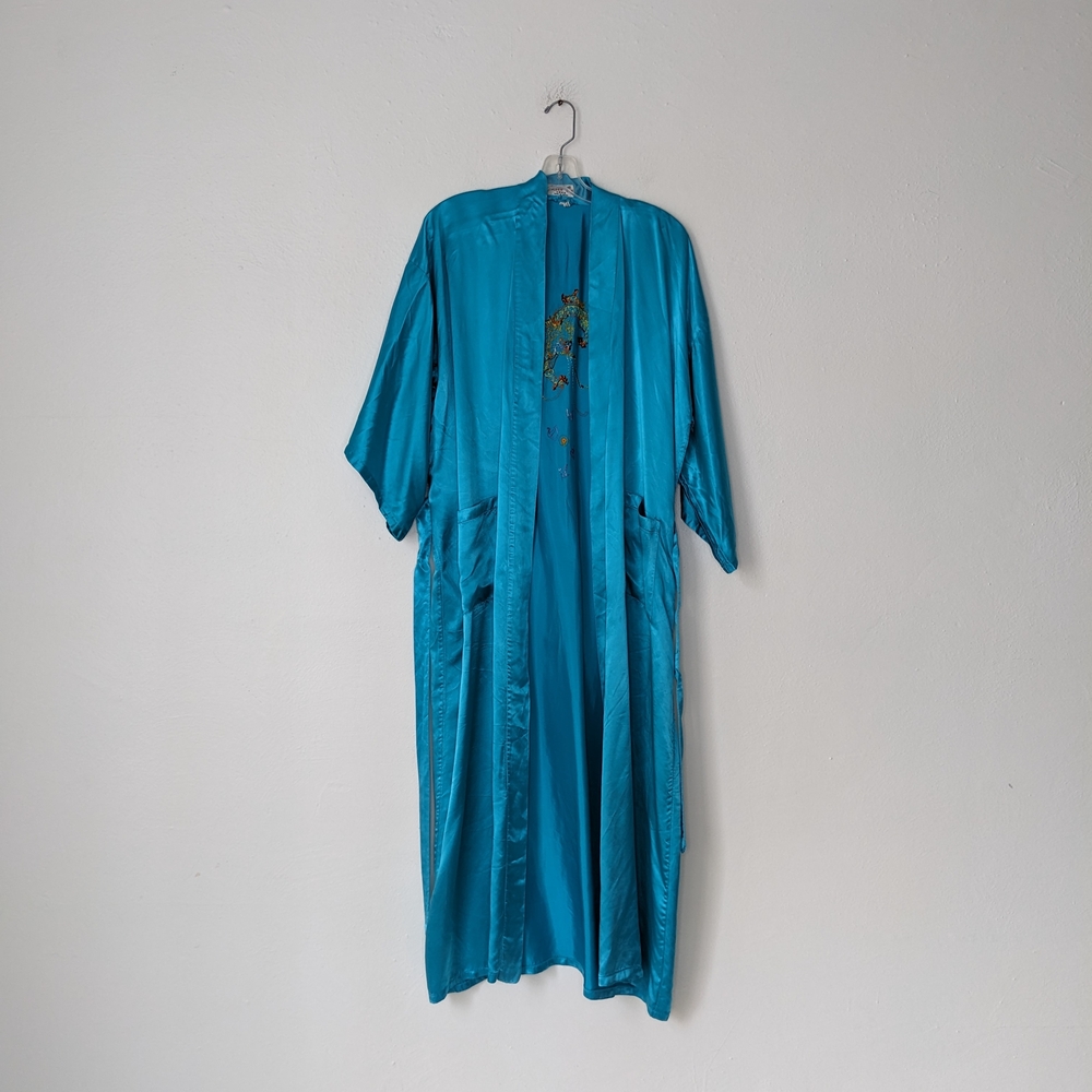 Golden Bee Teal Satin Kimono Robe